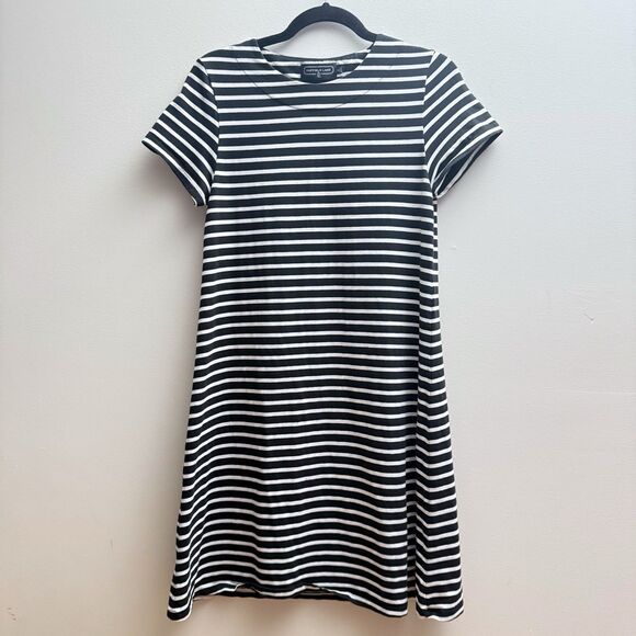 Duffield Lane Black White Stripe Preppy Shirt Sleeve T Shirt Dress Womens Small - Picture 1 of 6